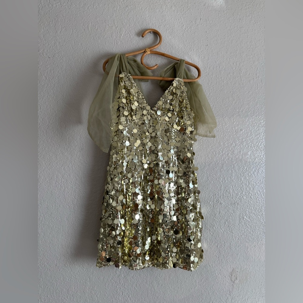 Angel Biba Mykonos Morning Tied Shoulder Sequin Mini Dress in Gold - Picture 4 of 6
